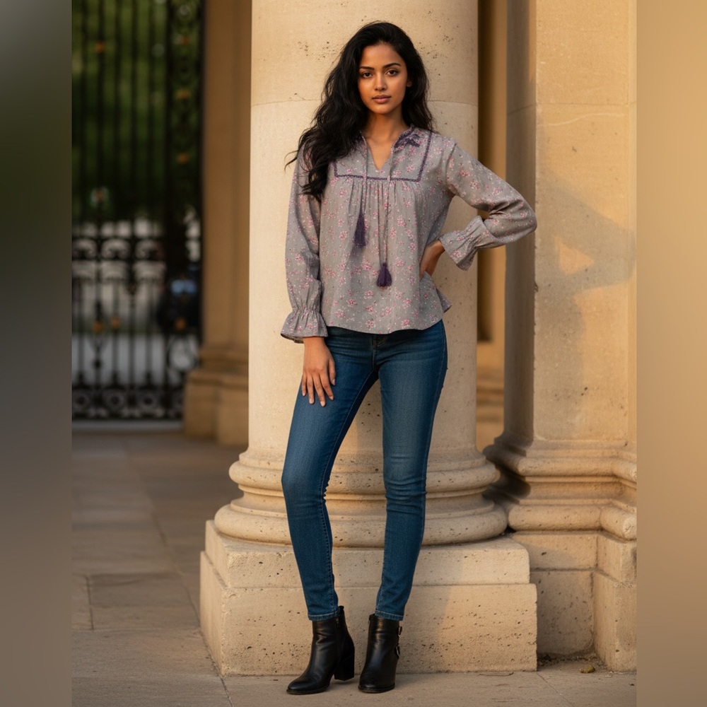 Easel Sage Floral Blouse with Purple Accents
